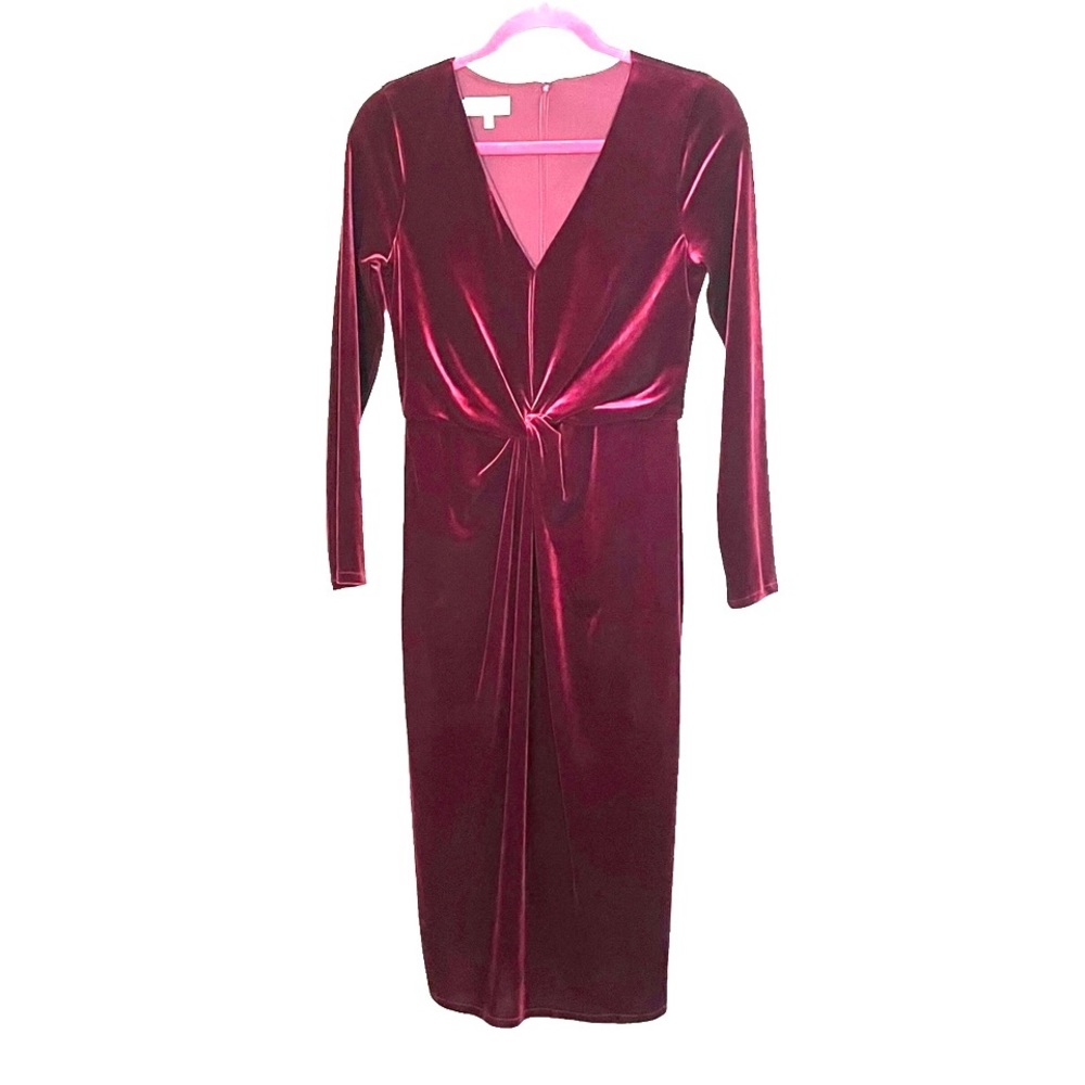 Hobbs England v-neck front knot long sleeve red velvet mid length dress.…